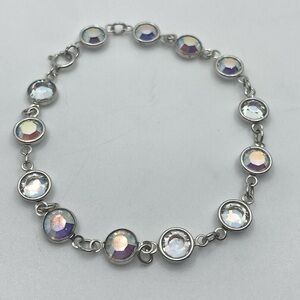 Sterling Aurora Borealis Iridescent AB Crystal Chain Bracelet 7.5”